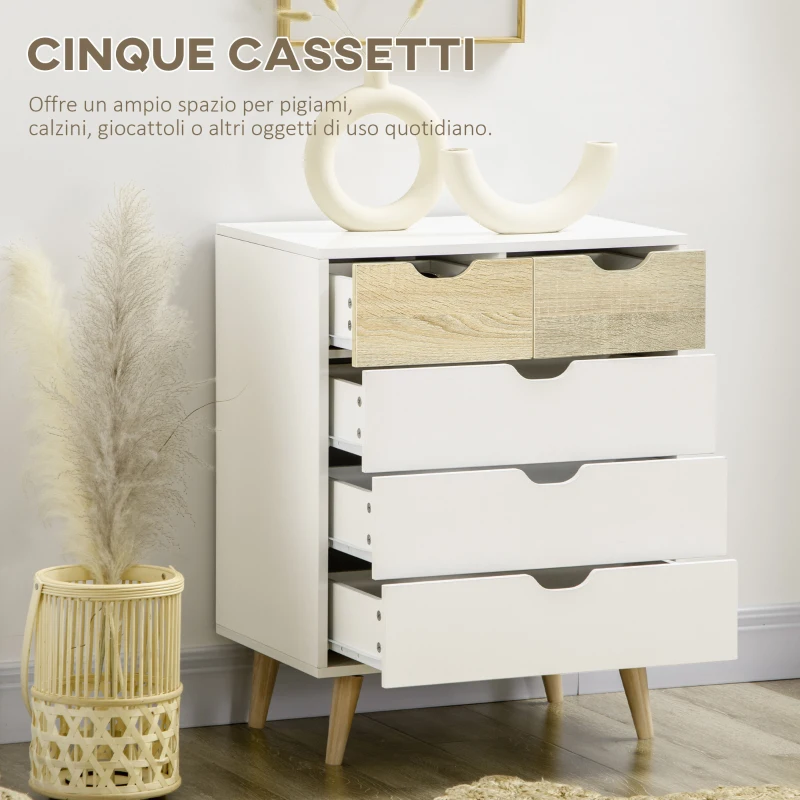 HOMCOM Cassettiera a 5 Cassetti per Camera da Letto con Maniglie Intagliate, 60x40x77.5cm, Bianco e Legno