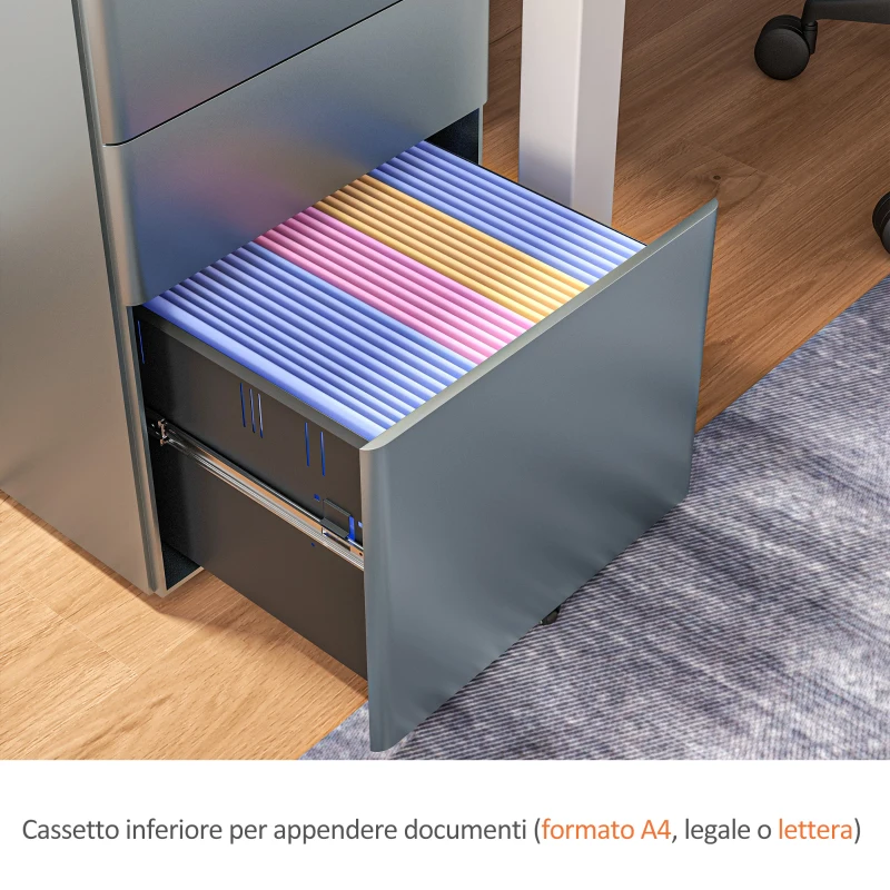 Vinsetto Cassettiera da Ufficio 3 Cassetti in Acciaio con Serratura e Rotelle, 39x48x59cm, Grigio