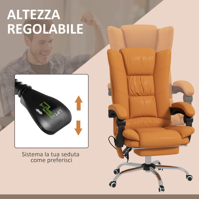 Vinsetto Poltrona da Ufficio Massaggiante e Riscaldata, Reclinabile con Poggiapiedi, Finta Pelle Marrone Chiaro