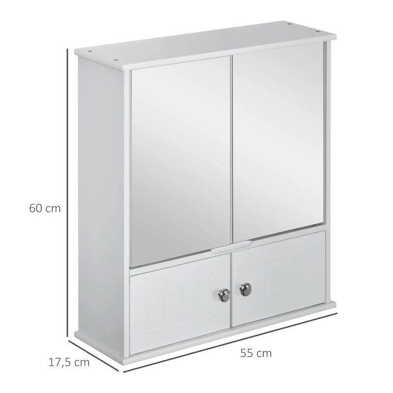 kleankin Spiegelschrank Badezimmerschrank Badschrank Hängeschrank Badmöbel Wandschrank Mehrzweckschrank mit Regale Glas Weiß 55 x 17,5 x 60 cm