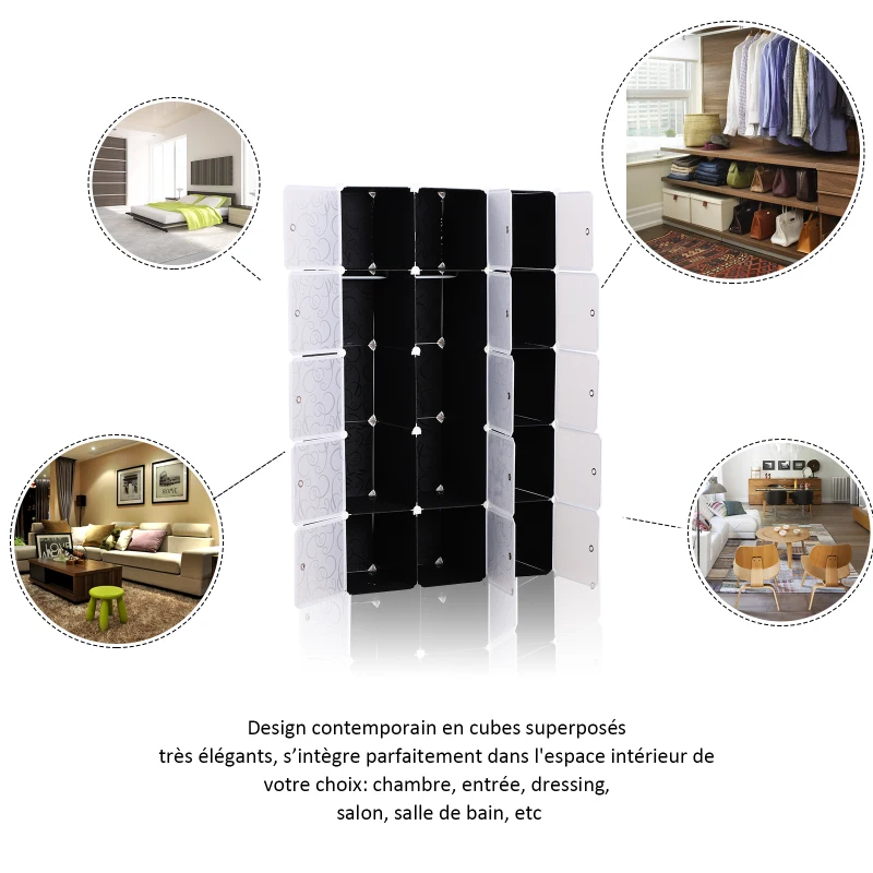 HOMCOM Garde robe armoire à vêtements L 111 x l 47 x H 183 cm modulable 15 cubes noir et blanc