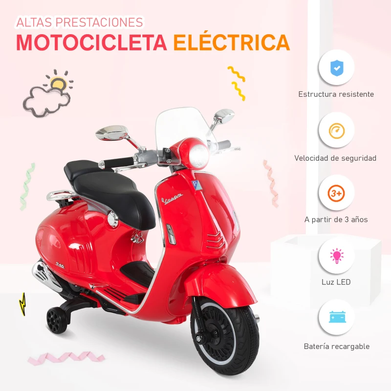 HOMCOM Moto de Batería Autorizada de VESPA con Faros Música 2 Ruedas Auxiliares 108x49x75 cm Rojo