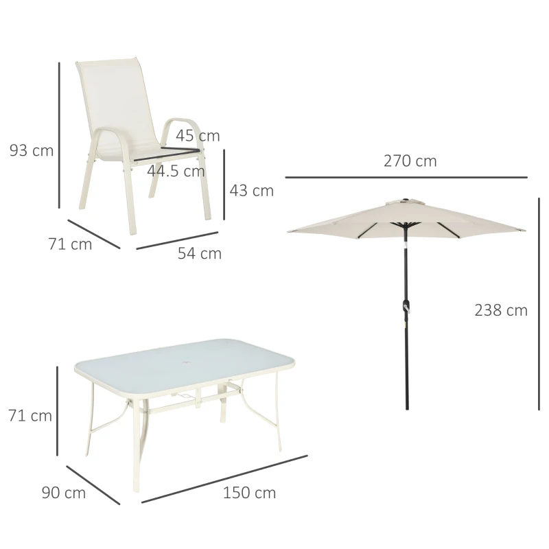 Outsunny Set da Giardino 8 Pezzi con Sedie, Ombrellone e Tavolo con Piano in Vetro