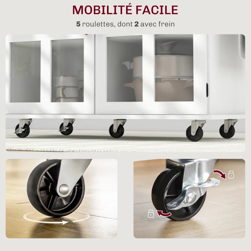 HOMCOM Desserte ilot de cuisine multi-rangements tiroir placards étagère, 115,5L x 46,2l x 86,5H cm, bois d'hévéa blanc