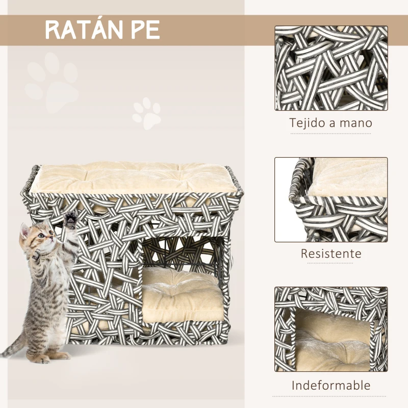 PawHut Cesta de Ratán para Gatos de 2 Pisos Cueva Cama de Gato Tipo Caseta con 2 Cojines Suaves Estructura de Metal 51x42x37 cm Gris y Beige