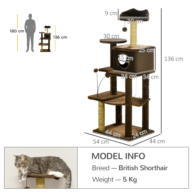 PawHut 136cm Cat Tree for Indoor Cats, Modern Cat Tower with Scratching Posts, house, Platforms, Toy Ball - Brown