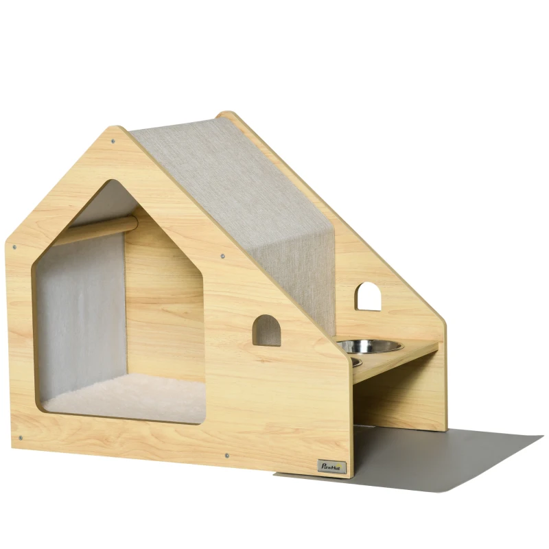 PawHut Caseta para Perros de Madera Cama de Interior para Cachorros con Comedero 2 Cuencos de Acero Inoxidable y Cojín Suave Desenfundable 62x40x54 cm Roble y Gris