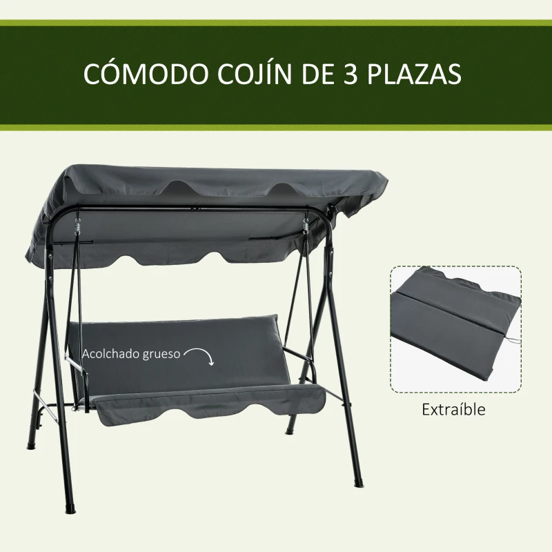 Outsunny Balancín de Jardín Exterior Columpio de 3 Plazas con Toldo Ajustable y Marco de Acero para Exterior 172x110x153 cm Gris