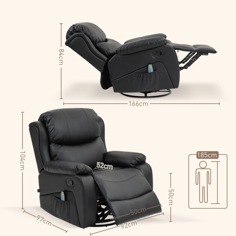 HOMCOM Massagesessel, Wärme- & Liegefunktion, Kunstleder, bis 150kg, 97x92x104cm, Schwarz(m-3)