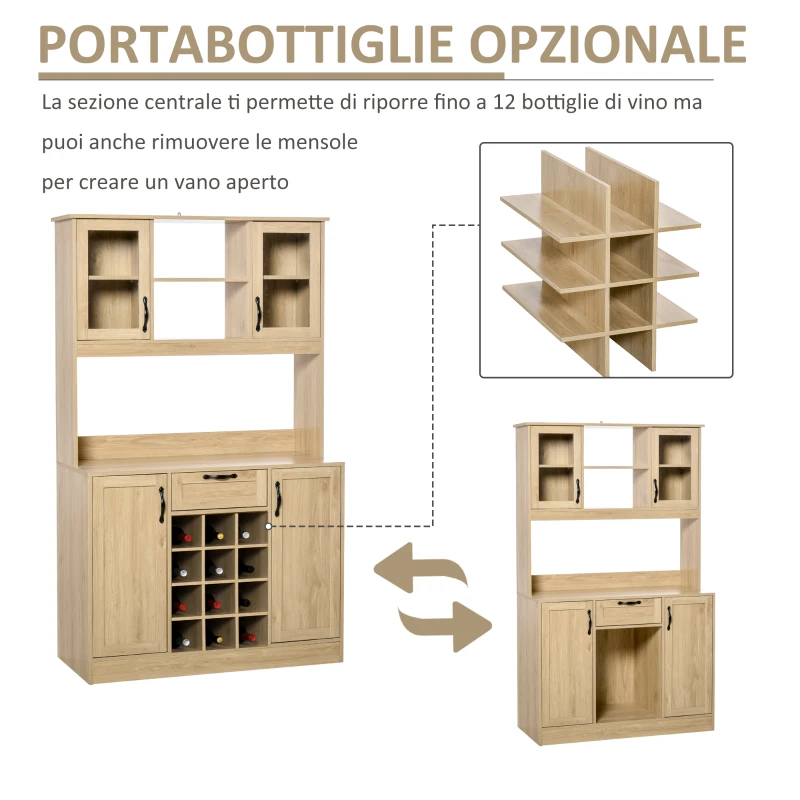 HOMCOM Mobile Cucina con Cassetto, 4 Armadietti, Mensole e Portabottiglie, Credenza Alta in Legno, Rovere, 106x48x180cm