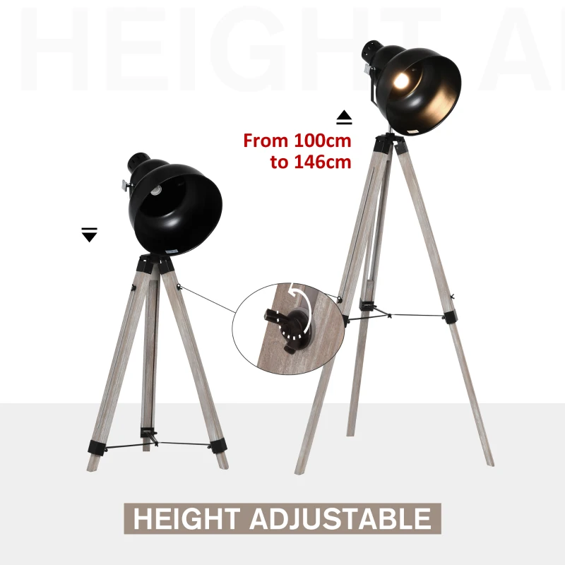 HOMCOM Industrial Tripod Base Cone Floor Lamp w/ Wood Legs Metal Shade Power Switch Adjustable Height Angle Home Office Styling Lighting Furniture Vintage Retro