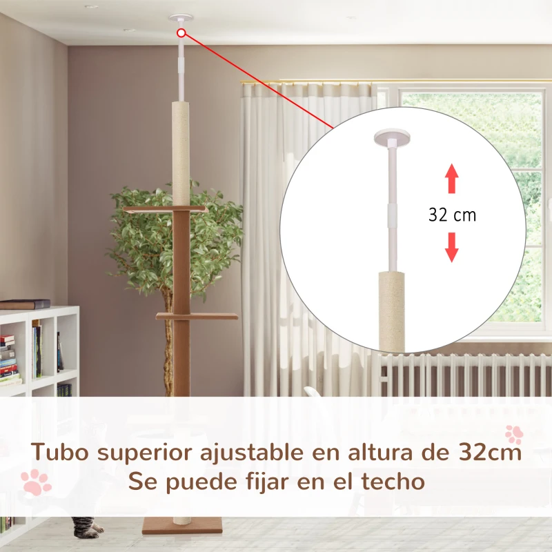 PawHut Árbol Rascador para Gatos de Suelo a Techo Torre para Gatos con Altura Ajustable y Plataformas 43x27x228-260 cm Marrón