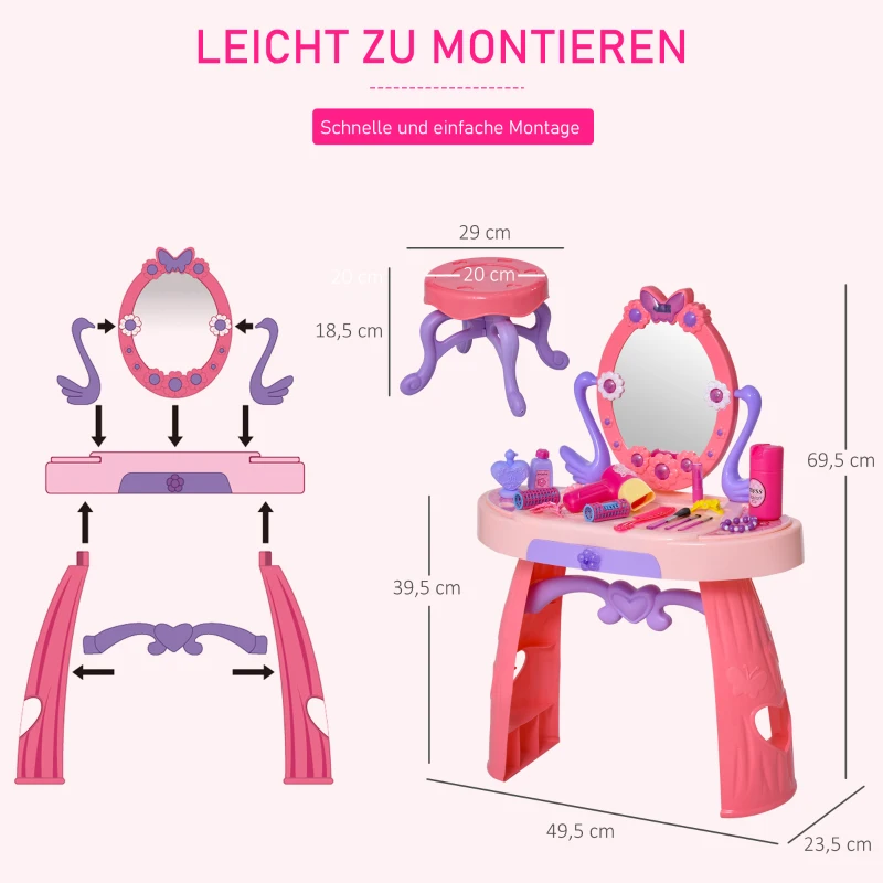 HOMCOM Kinderschminktisch Frisiertisch mit Hocker 5 Musikstücke Licht Mädchen Kosmetik Spiegel Infrarotsensor Rosa 49,5x23,5x69,5 cm