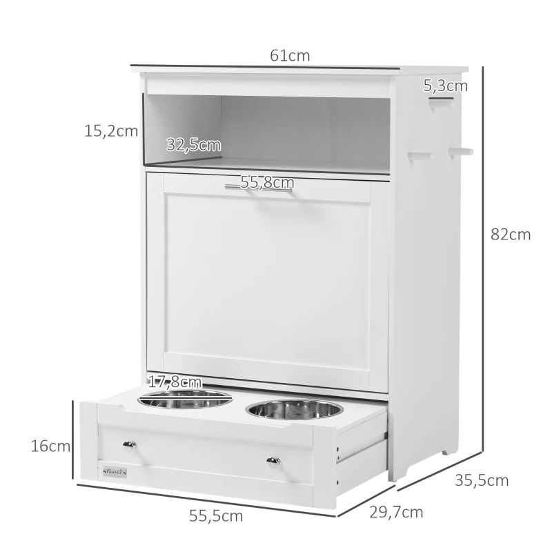 PawHut Voerstation voor huisdieren, opbergkast voor huisdierbenodigdheden, met voerbakken, haken voor lijnen, MDF, Wit