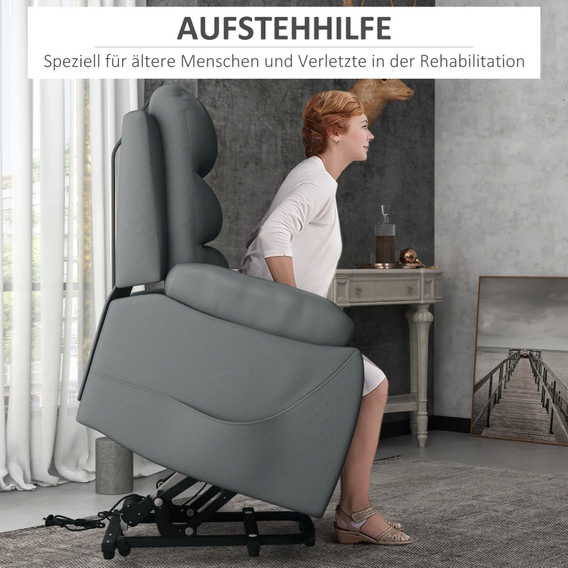 HOMCOM Relaxsessel mit Aufstehhilfe, Massagefunktion, bis 180 kg, Kunstleder, Grau