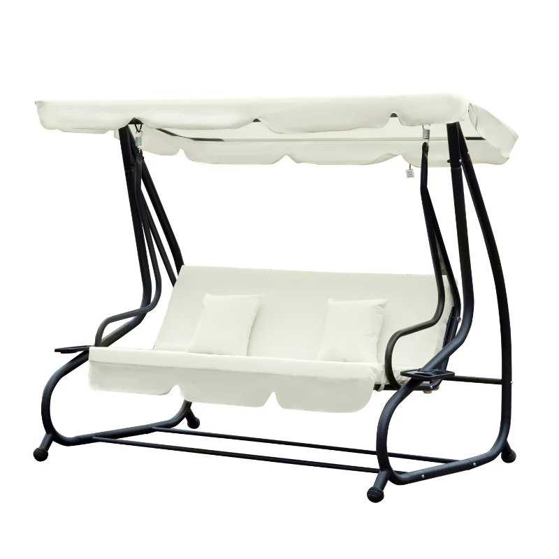 Outsunny Columpio Balancín Jardín 3 Plazas Convertible en Cama Techo Parasol Regulable Bandeja para Bebida Terrza Balcón Exterior Carga máx. 340kg Acero 200x120x164cm Beige