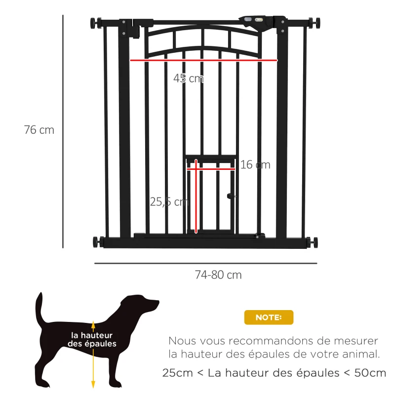 PawHut Barrière de sécurité animaux chien porte fermeture automatique sans perçage de 74 à 80 cm acier noir