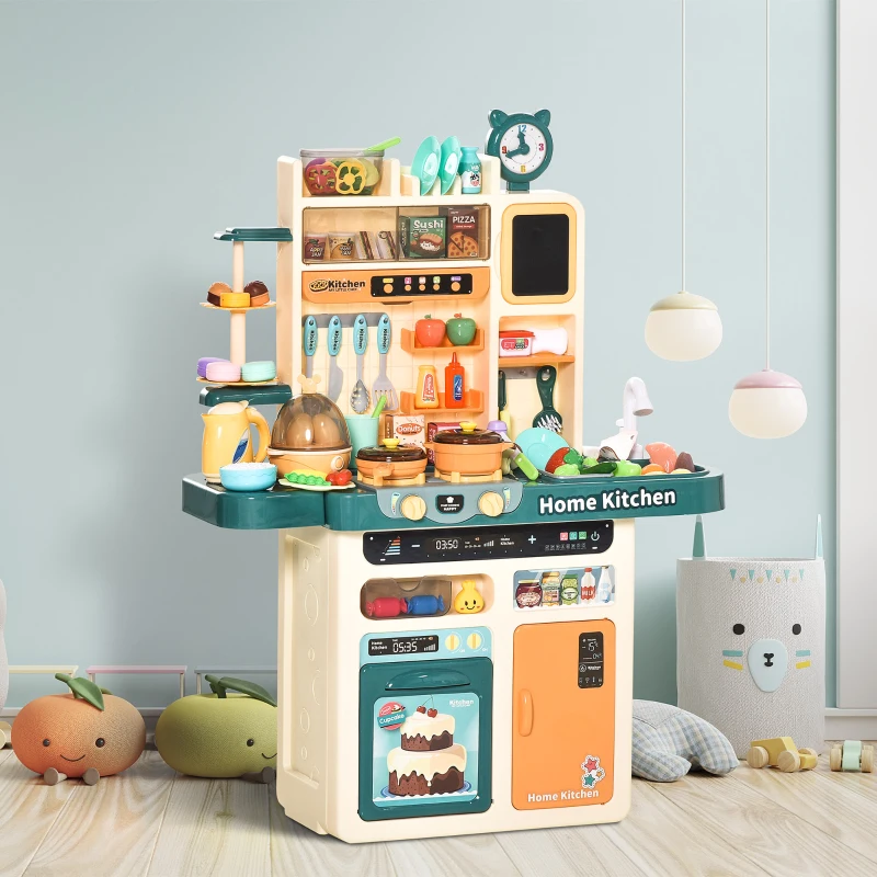 HOMCOM Cocina de Juguete para Niños de +3 Años con 113 Accesorios Luz Sonidos Agua Vapor Pizarra Fregadero Incluidos Cocinita Infantil Educativa 70x32x92,2 cm Multicolor