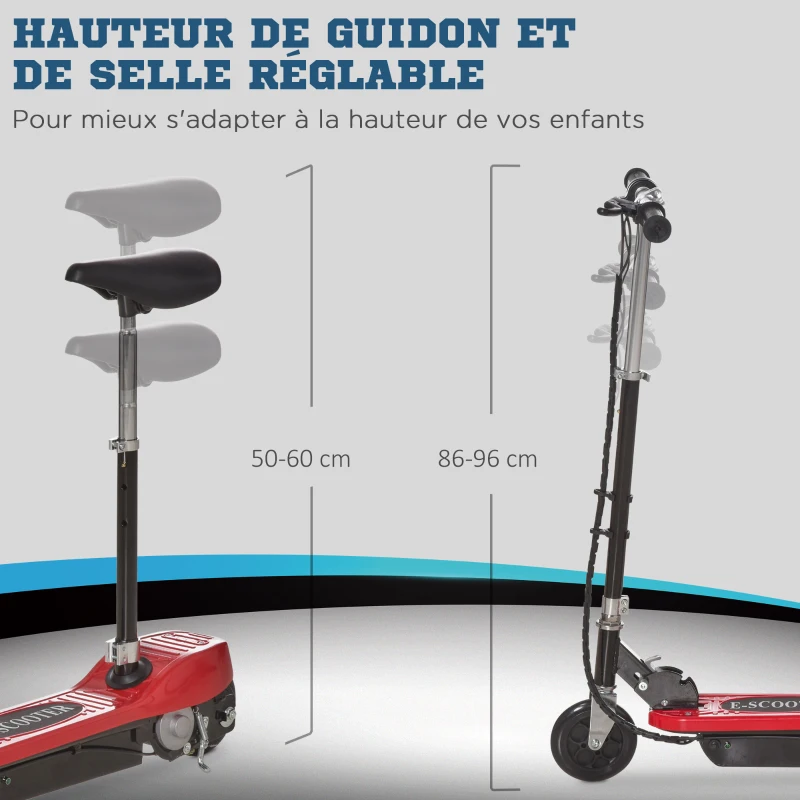 HOMCOM Trottinette Électrique 120 W Pliable pour Enfants de 7 à 12 Ans Hauteur de Guidon et Selle Réglable 10 Km/h Max. 2 Roues en PU Rouge