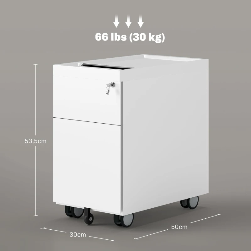 HOMCOM Aktencontainer mit Doppelschloss, Hängeregister, pulverbeschichteter Stahl, 30x50x53,5 cm, Weiß