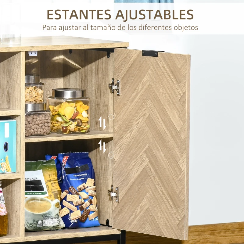 HOMCOM Aparador de Cocina Armario con 2 Puertas Estantes Ajustables y 3 Compartimentos Abiertos Muebles Auxiliar para Comedor Salón 120x39,2x76 cm Roble