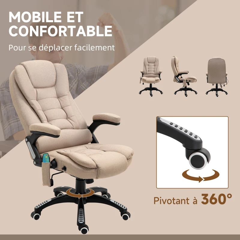 Vinsetto Fauteuil de bureau massant et chauffant, chaise de bureau, chaise ergonomique avec hauteur réglable, dossier inclinable et télécommande filaire, pivotant à 360° tissu en polyester beige