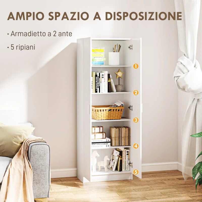 HOMCOM Mobile Multiuso Moderno con 5 Ripiani e Livelli Regolabili, in Legno, 60x31.5x165 cm, Bianco
