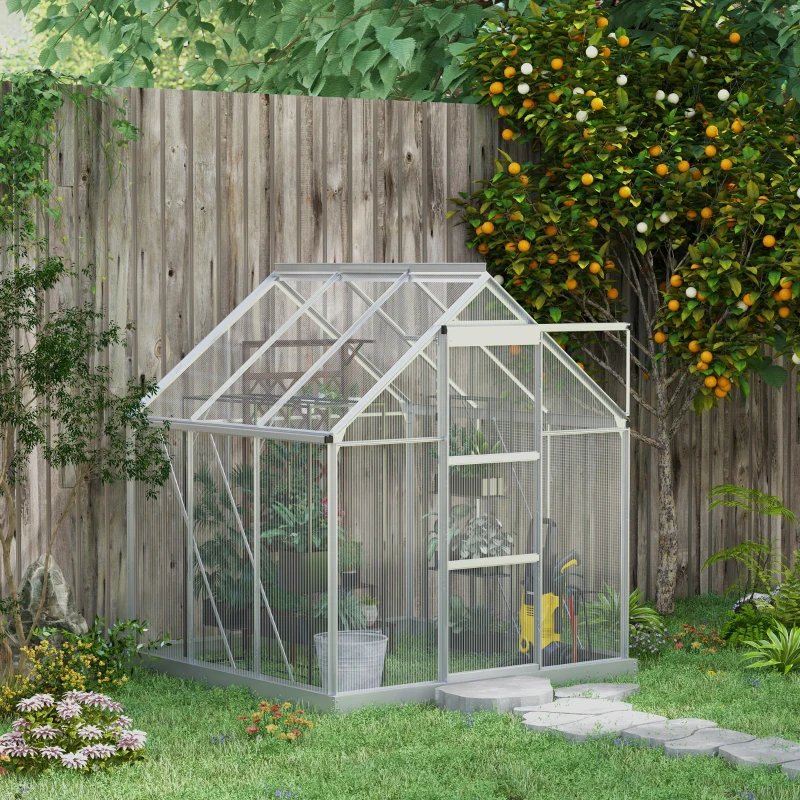 Outsunny 6 x 6ft Walk-In Greenhouse, Polycarbonate Greenhouse with Sliding Door, Window, Aluminium Frame, Foundation, Silver
