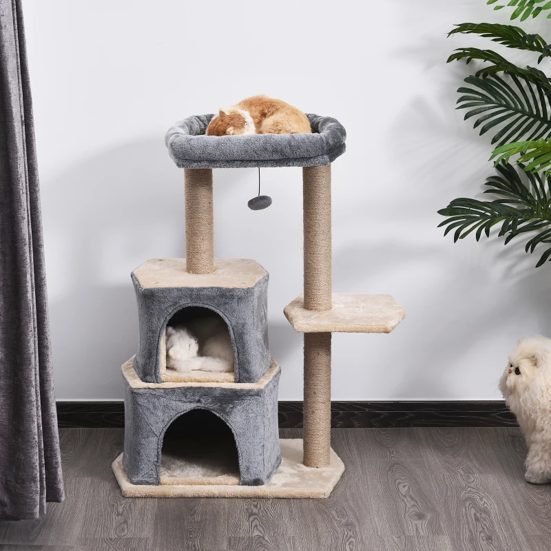 PawHut Arbre à chat 3 griffoirs grattoirs sisal naturel plateformes panier niches et boule suspendue dim. 60L x 40l x 92H cm peluche haute densité 500 g/m² gris beige