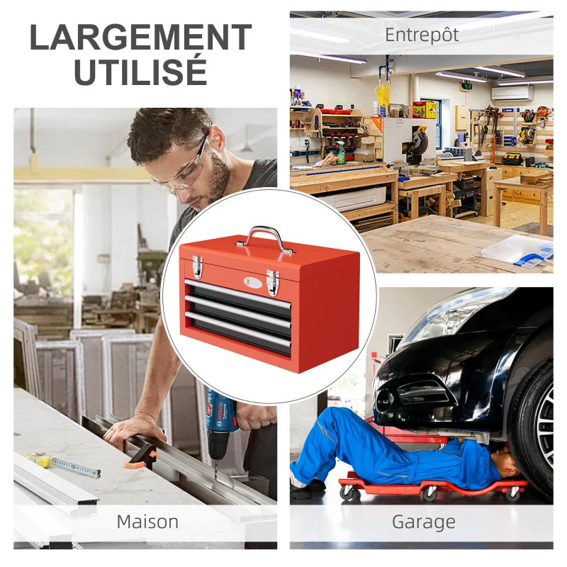 DURHAND Caisse boite à outils en acier avec 3 tiroirs coulissants et 1 plateaux, Poignée de transport, verrouillable, rouge