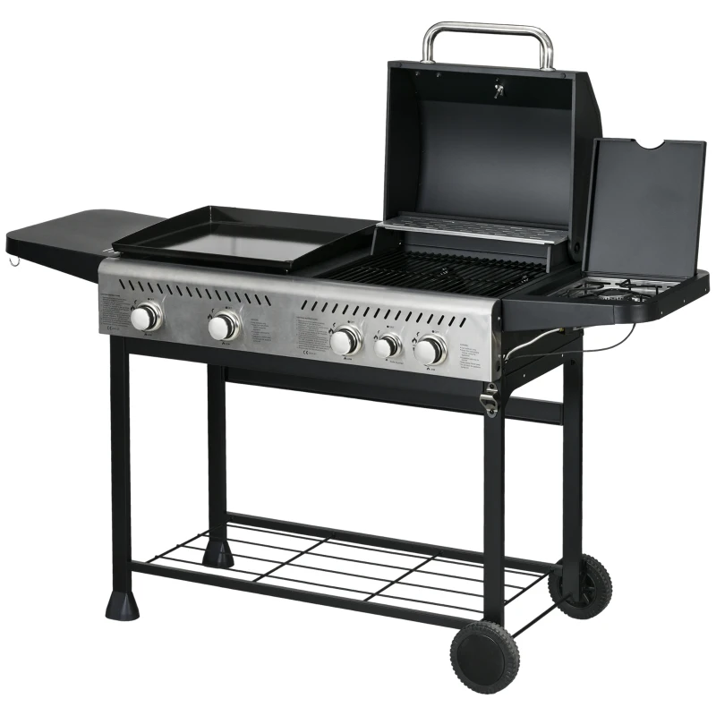 Outsunny 12kW Deluxe Duo Gas BBQ, with Grill, Plancha and Side Burner - Black