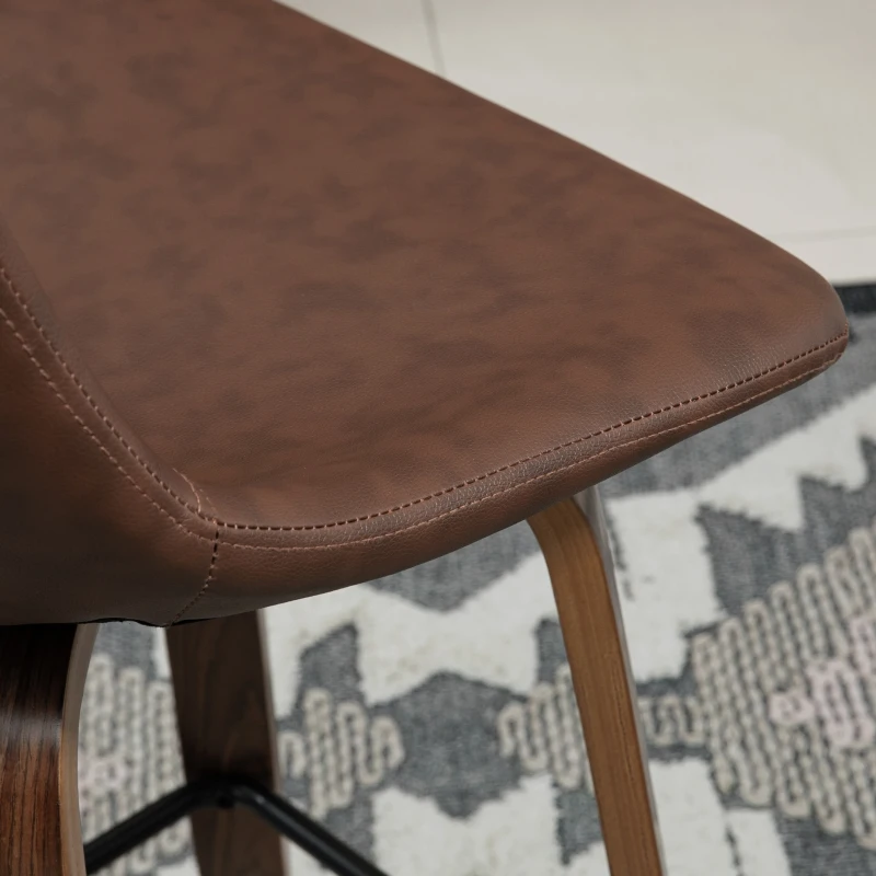 HOMCOM Bar Stools Set of 2, Breakfast Bar Chairs, PU Leather Upholstered Kitchen Stools with Backs and Wood Legs, Brown