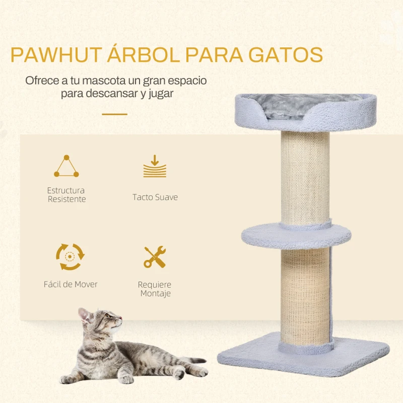 PawHut Árbol para Gatos Altura 91 cm de 3 Niveles con Nido Plataforma y Poste de Sisal 45x45x91 cm Azul Claro