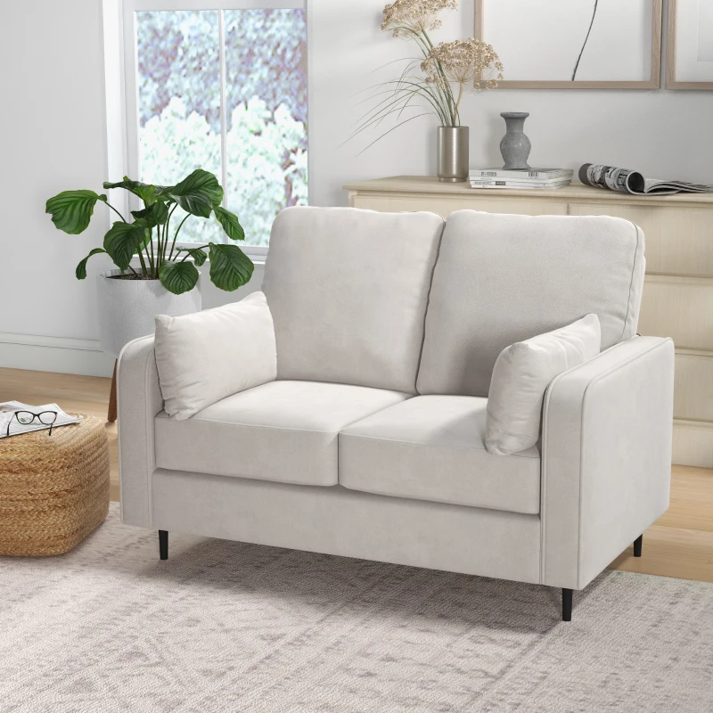 HOMCOM Canapé 2 places style contemporain avec 2 coussins supplémentaires piètement acier noir revêtement aspect velours beige