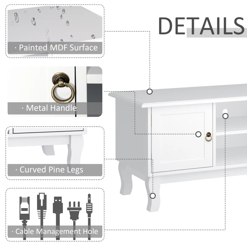 HOMCOM TV Unit up to 55", 2 Doors TV Cabinet with Open Storage Shelves and Cable Management for Living Room, Bedroom, Entertainment Room, 120L x 45W x 50.5H, White