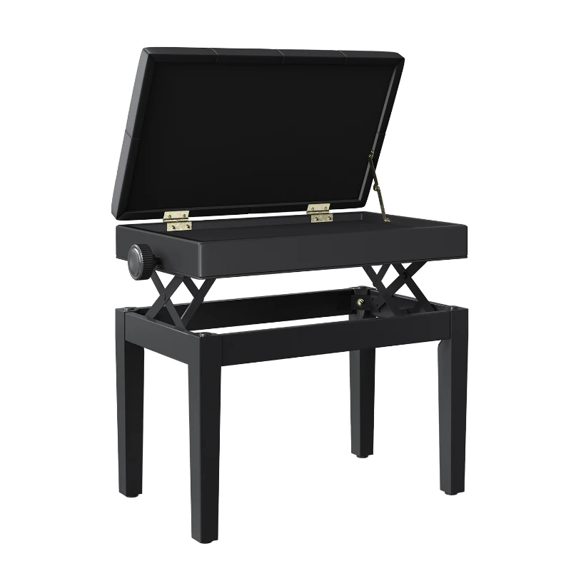 HOMCOM Banc de piano, banc de clavier réglable en hauteur en bois massif, tabouret piano avec compartiment caché, siège rembourré polyuréthane à 10 boutons, stable et antidérapant, charge 200kg, noir