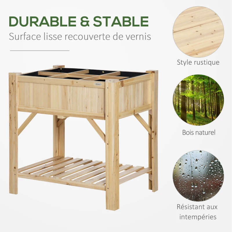 Outsunny Jardinière sur Pieds - carré Potager avec étagère - dim. 78L x 58l x 81H cm - 6 Compartiments - Feutre Drainage Inclus - Bois Sapin pré-huilé