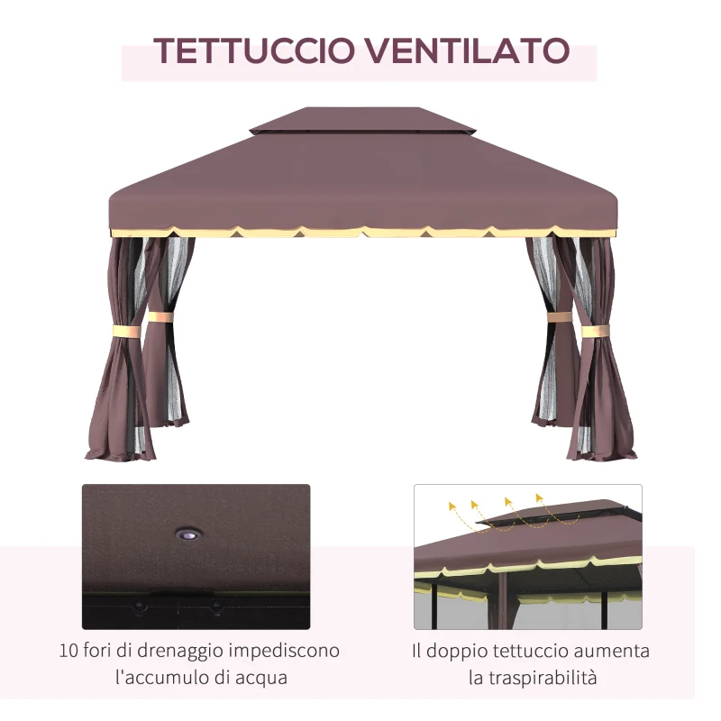 Outsunny Gazebo da Giardino 3x4m con Doppio Tetto, Zanzariera e Tende, Alluminio e Poliestere, Color Caffè