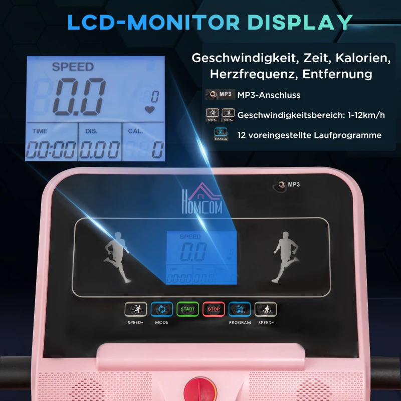 HOMCOM Laufband Klappbar elektrisch 400 W 1-12 km/h 1,5HP LCD-Display Handyhalterung geeignet für Home Gym Indoor Fitness Rosa 134 x 60 x 118 cm