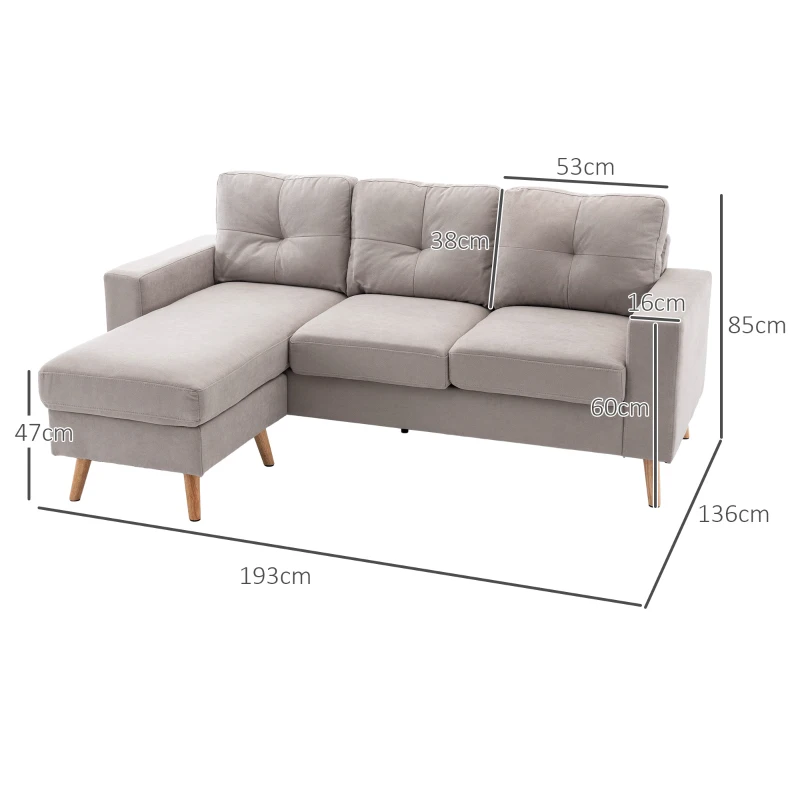 HOMCOM 3-Sitzer-Ecksofa, Leinenoptik, Wendbare Chaiselongue, 193x136x85 cm, Hellgrau(m-3)