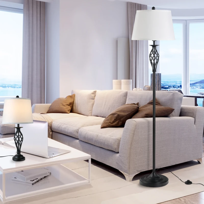 HOMCOM Lot de 3 luminaires design contemporain - lampadaire sur pied + 2 lampes de tables - métal noir polyester coton blanc