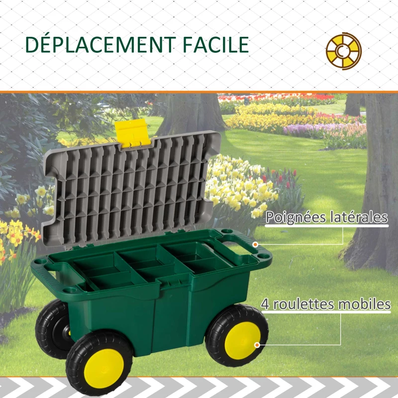 Outsunny Tabouret de Jardin Caisse à Outils 2 en 1 - Coffre et Plaque compartimentée de Rangement verrouillable - 4 roulettes, 2 poignées - PP Gris Jaune Vert