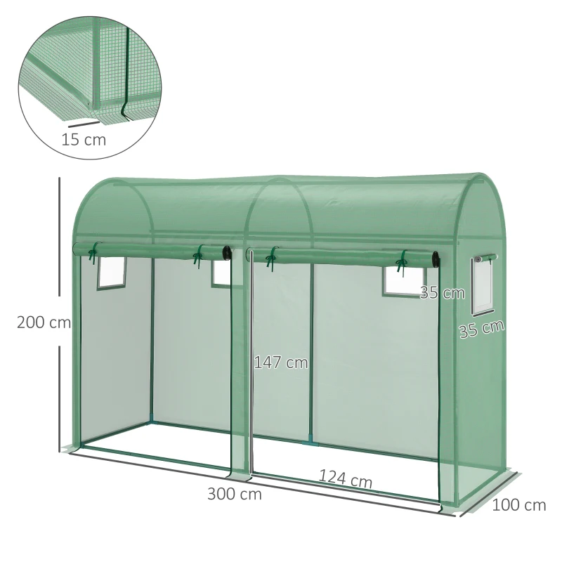 Outsunny Invernadero 300x100x200 cm Caseta de Jardín Invernadero con 4 Ventanas y 2 Puertas para Cultivos Plantas Flores de PE y Acero Verde