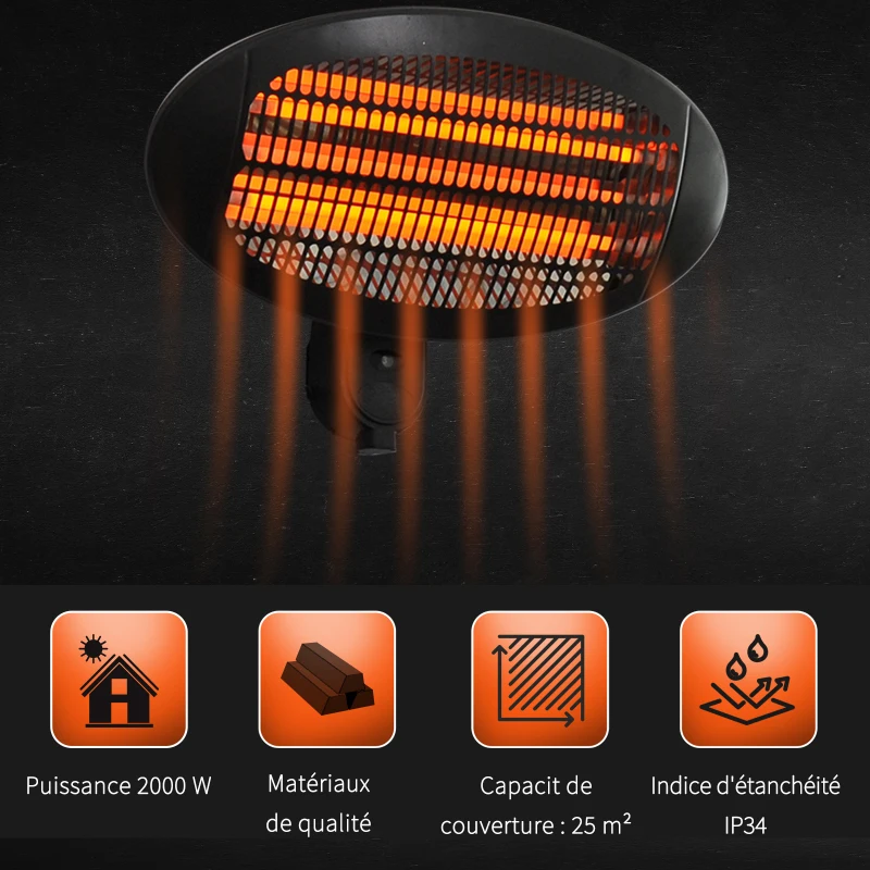 Outsunny chauffage extérieur radiant infrarouge électrique mural chauffage d'appoint sans CO₂ 3 modes 650/1300/2000 W certifié IP34 capacité 25 m² réflecteur acier inox. noir
