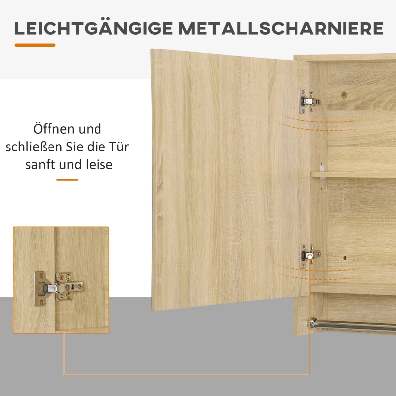 kleankin Spiegelschrank Badschrank Hängeschrank Wandschrank Badmöbel Mehrzweckschrank mit offener Fächern Badezimmer Spanplatte Glas Natur 80 x 15 x 70 cm