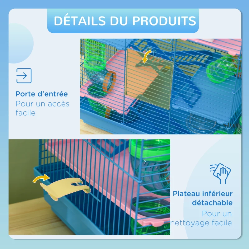 PawHut Cage pour Hamster Souris Petit Animaux Rongeur avec Tunnel Mangeoire Roue Jouet 47 x 30 x 59 cm Bleu