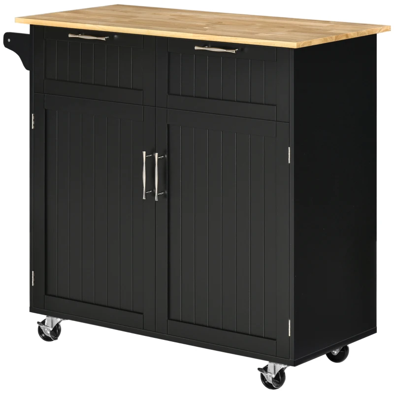 HOMCOM Mueble Auxiliar de Cocina con Ruedas 2 Cajones 2 Puertas Estante Ajustable y Toallero 104x46x91 cm Negro