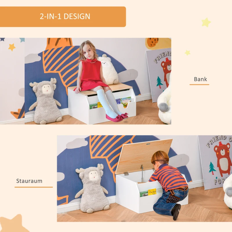 HOMCOM Kindersitzbank mit Stauraum 2-in-1 Truhenbank Spielzeugkiste Aufbewahrungstruhe 3-8 Jahre Kindermöbel Weiß 58 x 43 x 30 cm