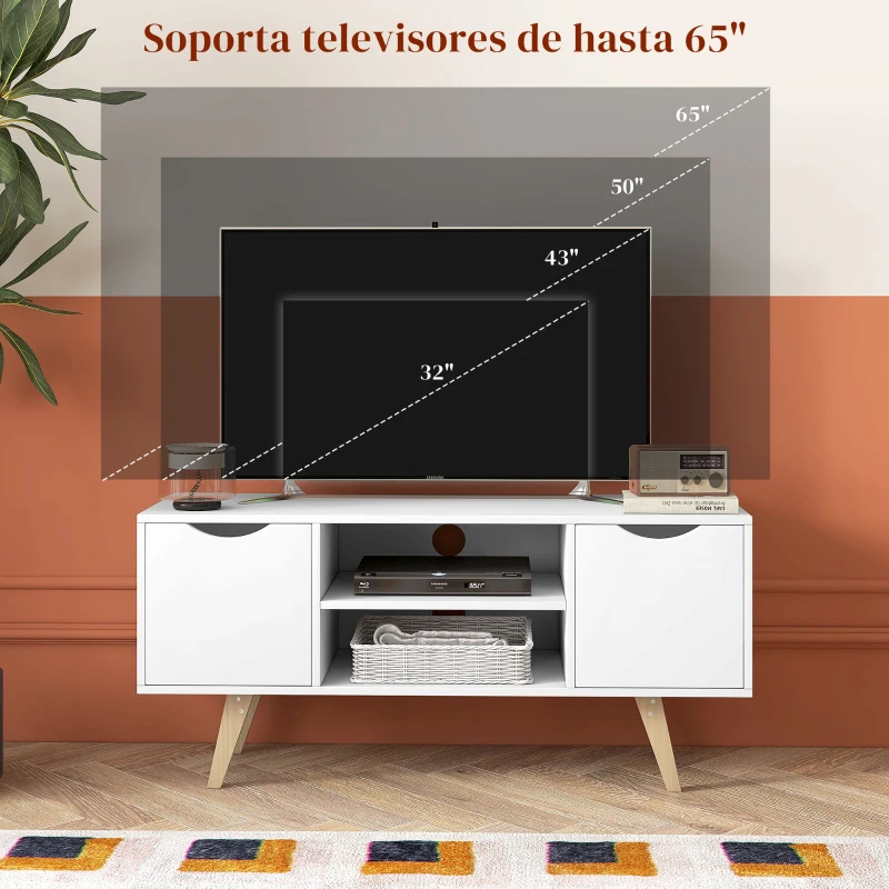 HOMCOM Mueble para Televisores de 50 Pulgadas con 2 Puertas 2 Estantes Abiertos y Patas de Madera 110x39x50 cm Blanco