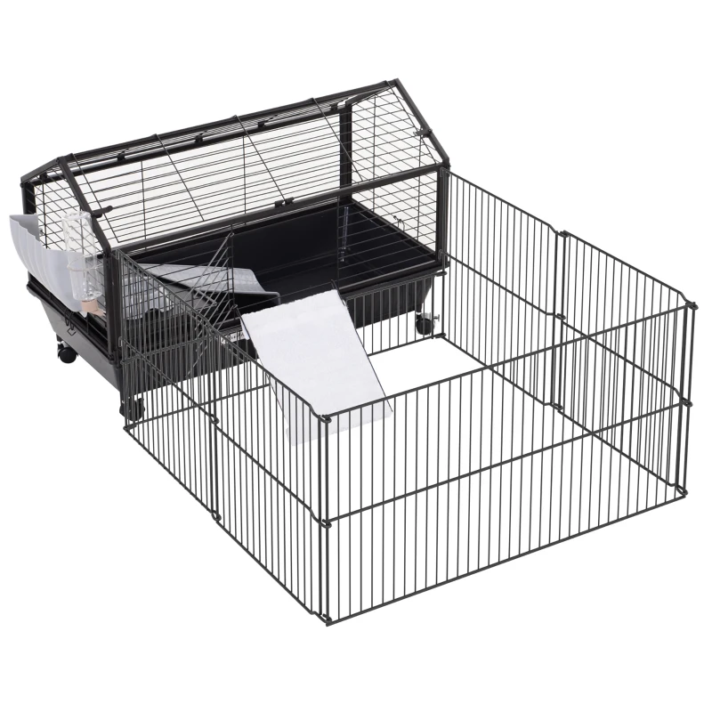 Pawhut Kleintierkäfig mit Freigehege inkl. Zubehör 88 cm x 128,5 cm x 56 cm  4 Rollen Schwarz Metall Polypropylen